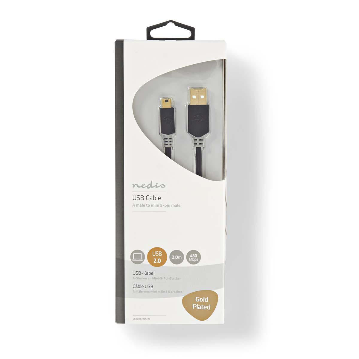 Nedis USB A Uros - Mini 5-Pin Uros kaapeli 2M Kaapeli, jolla voi liittaa digikameran tai kannettavan audiolaitteen