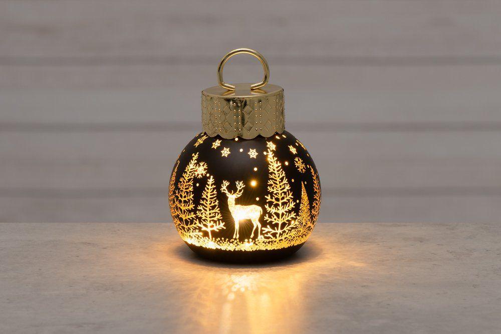 Joulupallo LED-valolla 10 cm Talvimetsa Musta pohjavari, kullanvariset yksityiskohdat. Koko 10 cm. Ajastintoiminto 6h on/