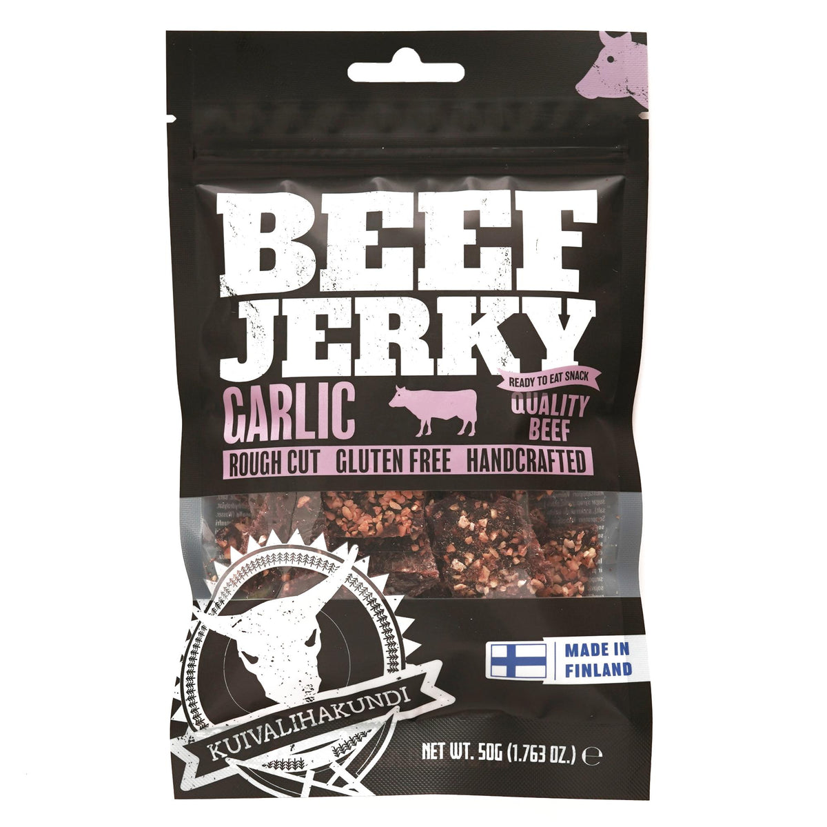 Kuivalihakundi Beef Jerky Garlic naudanpaisti, gluteeniton soijakastike ( vesi, soijaproteiinihydrolysaatti, suola),
