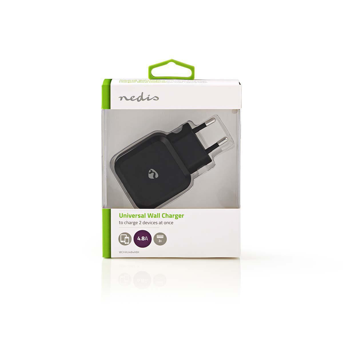 Nedis seinalaturi, 2 x USB 4,8A Lataa kahta alypuhelinta tai tablettia samanaikaisesti talla Nedis® kaksiporttisella