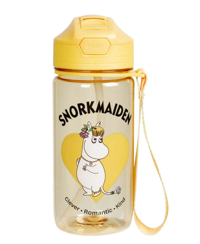 Muumi Persoonat Juomapullo 550ml Niiskuneiti Pulloissa on sisaanrakennettu pilli, kansi ja kantolenkki, jolla lempihahmo
