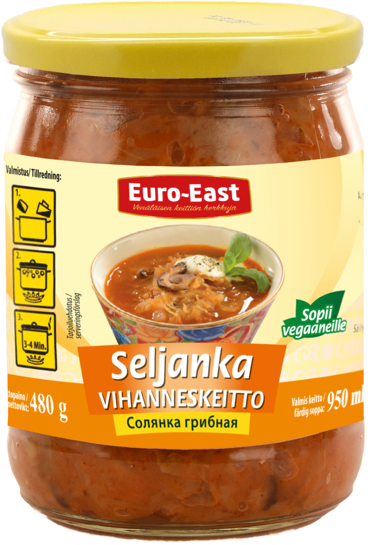 Euro-East seljankakeitto sienilla 480g Seljanka on perinteinen venalainen valkokaalista, suolatuista siitakesienista ja