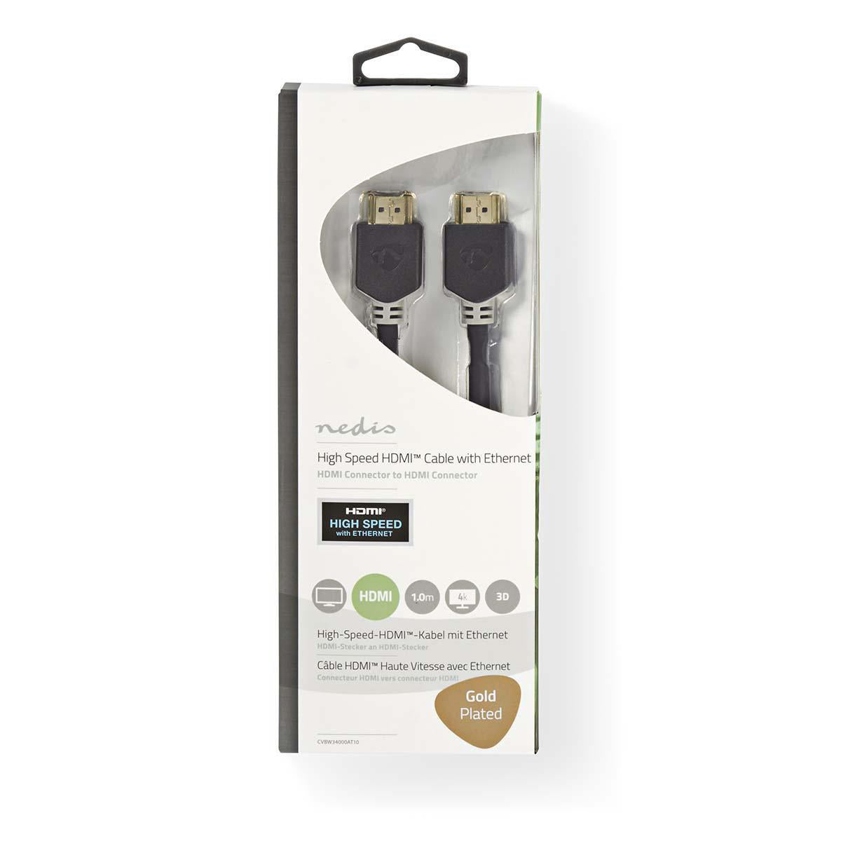 Nedis HDMI-kaapeli 1M Kaapeli, jolla voi liittaa Blu-ray-soittimen, mediasoittimen tai pelikonsolin HD-televisioon