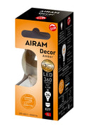 Airam Led Decor E27 380lm/2200k Dim -Varilampotila: 2200K -Himmennettava DIM -Kanta: E27 -Teho: 5W, 360LM -Mitat: Ø 45/78