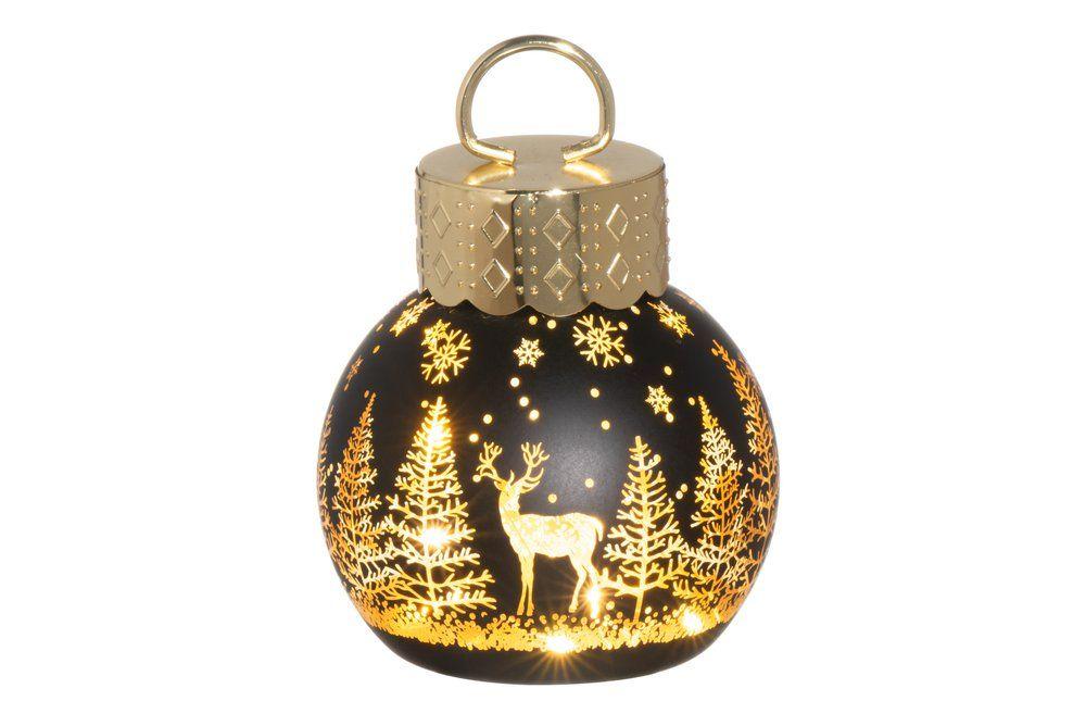 Joulupallo LED-valolla 10 cm Talvimetsa Musta pohjavari, kullanvariset yksityiskohdat. Koko 10 cm. Ajastintoiminto 6h on/