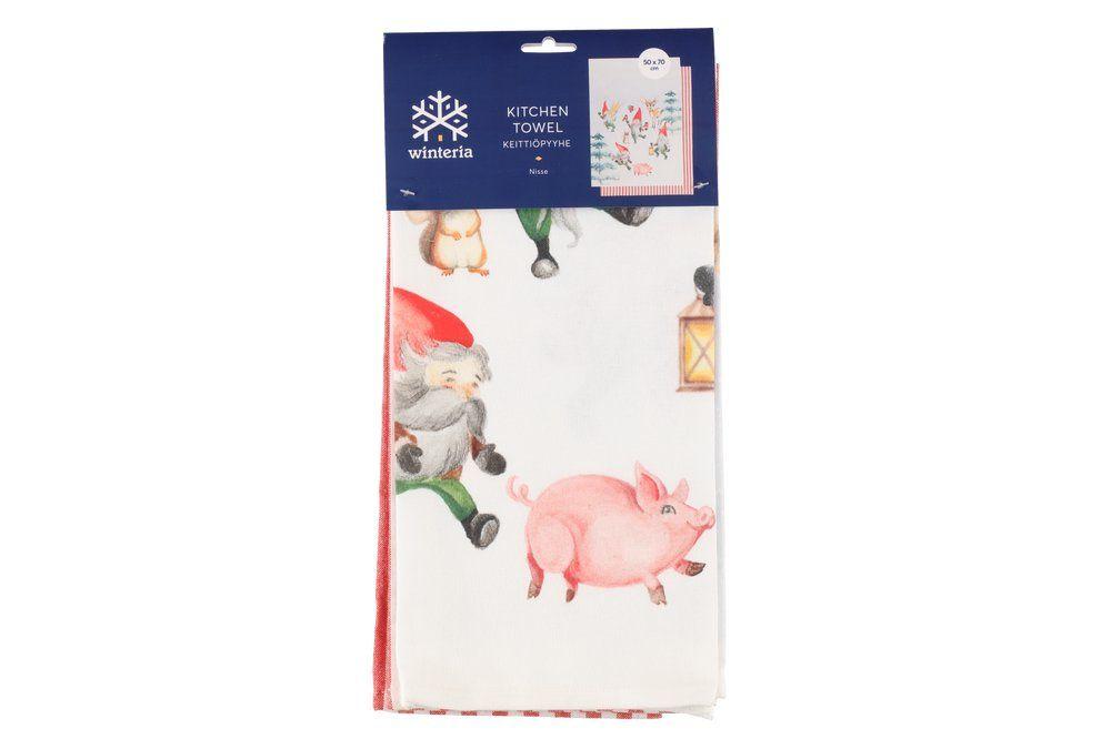 Keittiopyyhe Nisse 2 kpl 50x70 cm Toinen pyyhe painetulla tonttukuviolla, toinen raidallinen. Size 50 x 70 cm. Materiaali