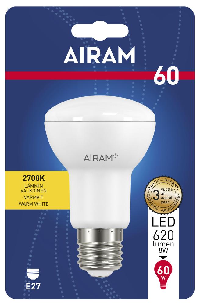 Airam LED-R63 lamppu E27 2700K 620lm/185cd -Energialuokka: A+ -Varilampotila: 2700K -Kanta: E27/R63 -Teho: 8W, 620LM/185cd