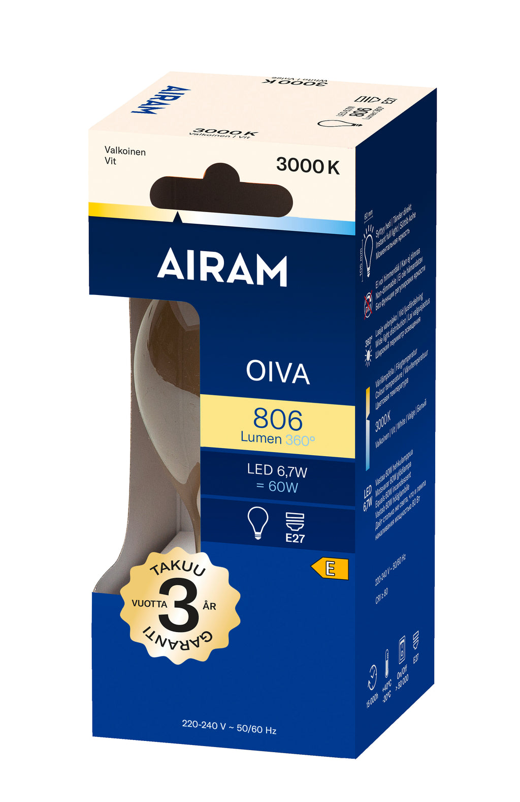 Airam Led A60 Kirkas E27 806 m/3000k