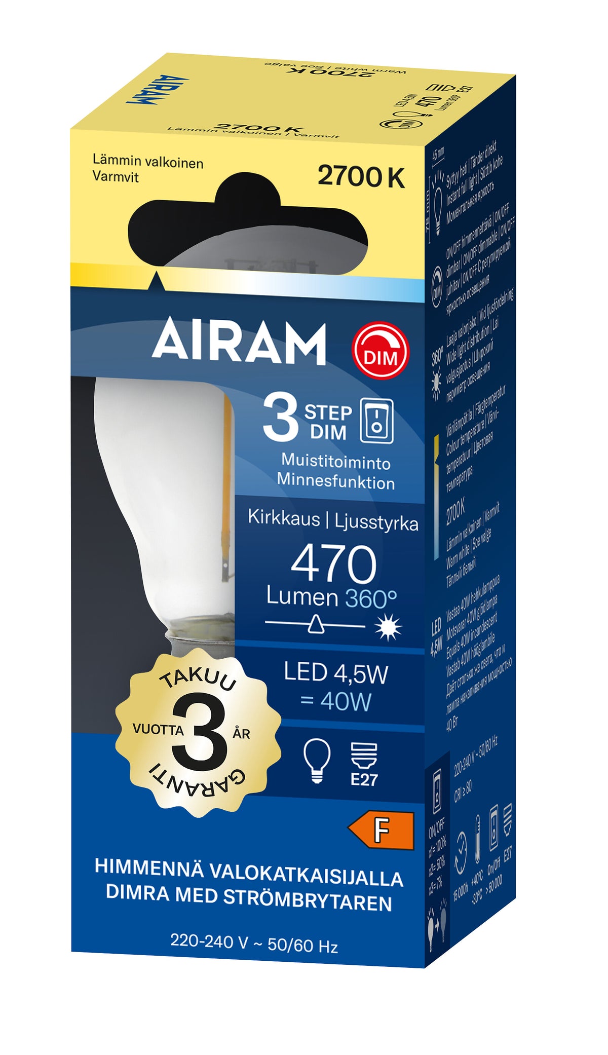 Airam Led Fil. E27 470 lm/2700k 3-step dim