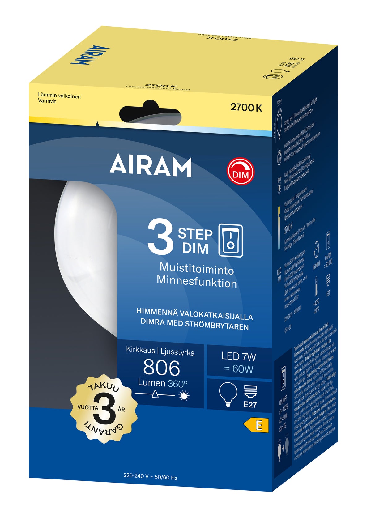 Airam Led Fil. E27/806 lm g125 3tep Dim