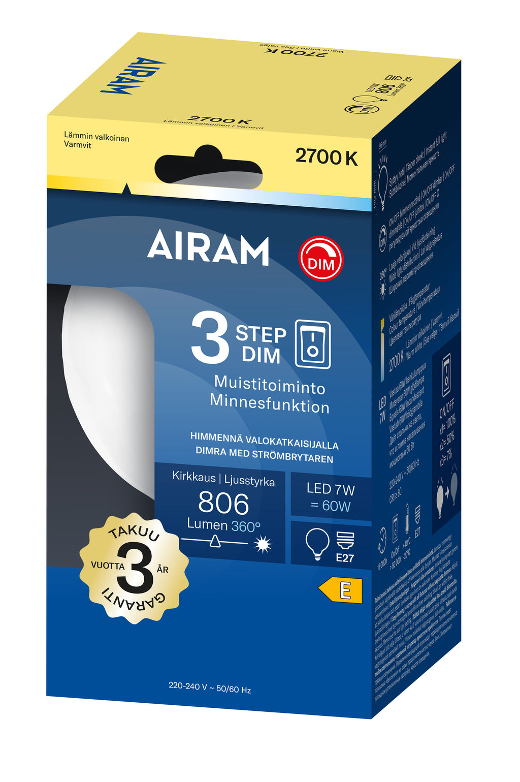 Airam Led E27 3-Step Dim 806 lm Fil. G95