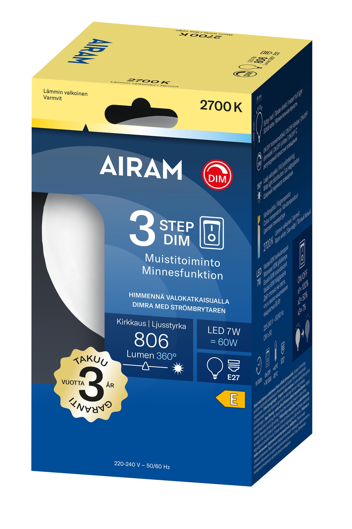 Airam Led E27 3-Step Dim 806 lm Fil. G95