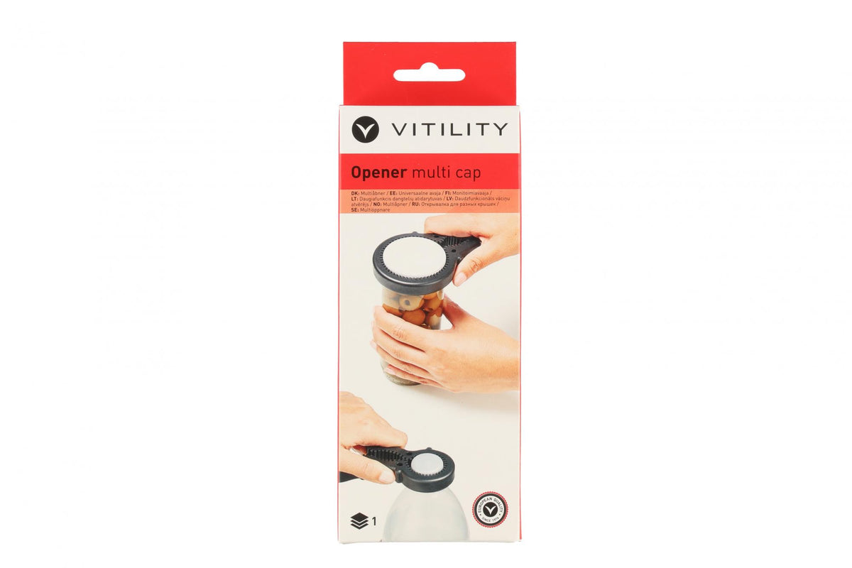 Vitility Yleisavaaja monitoimi Liukumattomalla purkinavaajalla voi avata ja sulkea erikokoisia korkkeja tai kansia pienempaa