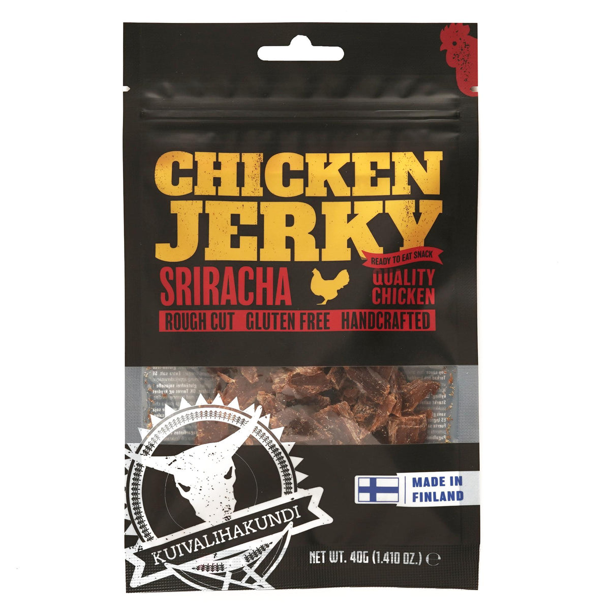 Kuivalihakundi Chicken Jerky Sriracha kanafilee, gluteeniton soijakastike (vesi, soijaproteiinihydrolysaatti, suola),