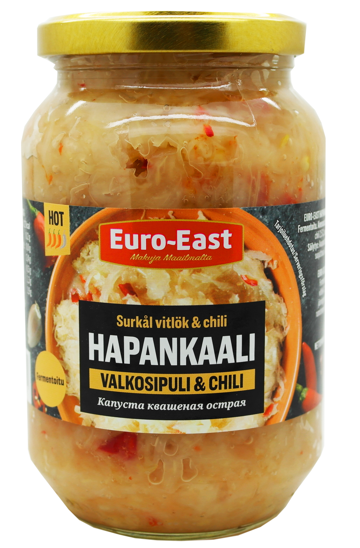 Euro-East Hapankaali valkosipuli &amp; chili 460 g Hapankaali valkosipuli &amp; chili on mausteinen hapankaalisalaatti, jossa on