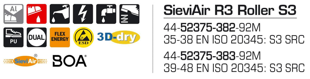 Sievi SIEVIAIR R3 ROLLER S3 turvakengat BOA®-kiristysmekanismilla SieviAir R3 Roller S3 turvakenka BOA®-kiinnityksella on