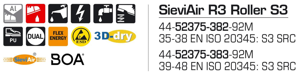 Sievi SIEVIAIR R3 ROLLER S3 turvakengat BOA®-kiristysmekanismilla SieviAir R3 Roller S3 turvakenka BOA®-kiinnityksella on