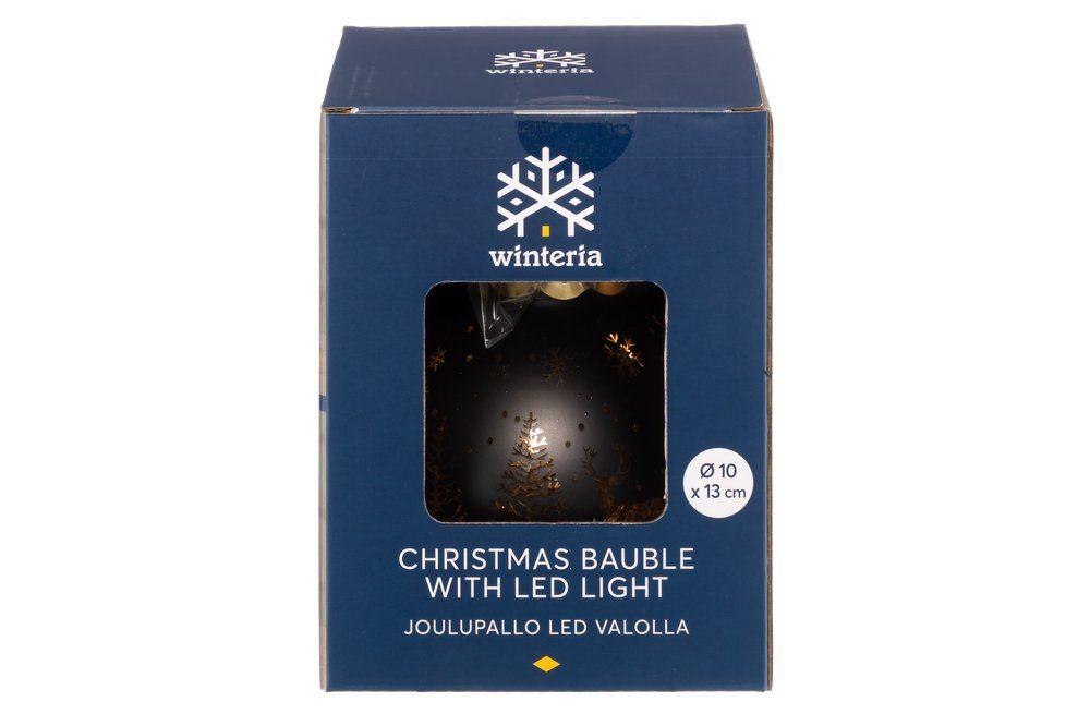Joulupallo LED-valolla 10 cm Talvimetsa Musta pohjavari, kullanvariset yksityiskohdat. Koko 10 cm. Ajastintoiminto 6h on/