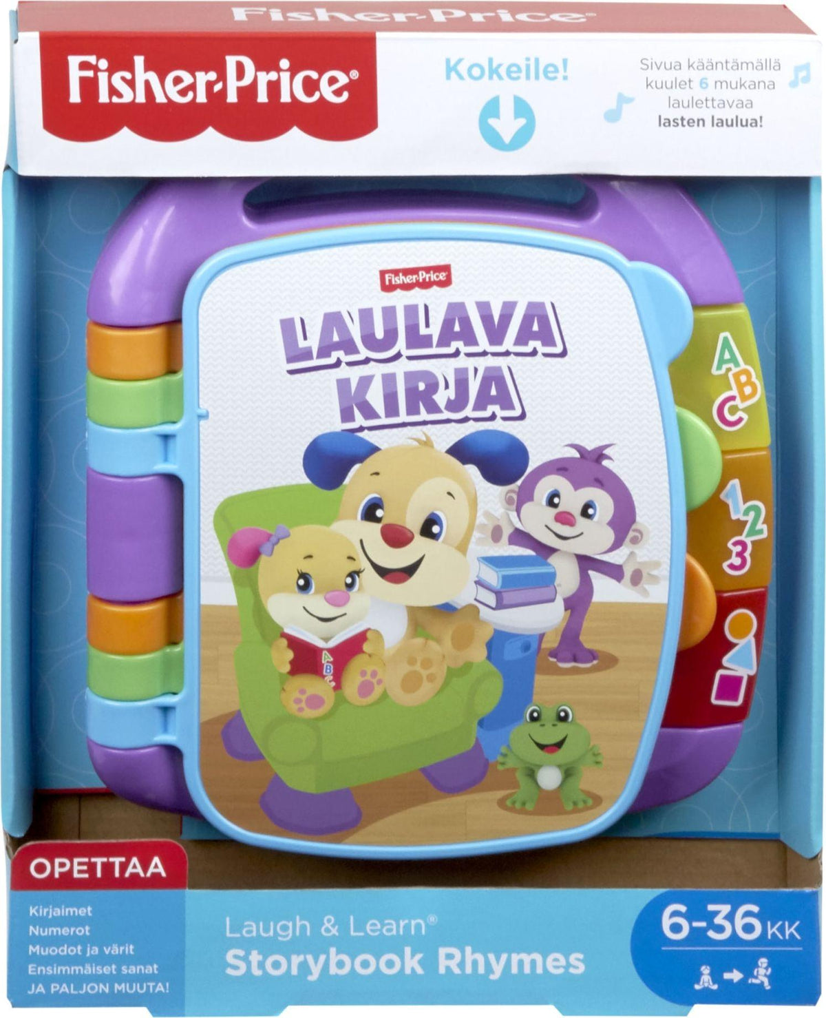 FP Storybook Opettava Laulava Kirja opettaa lapselle muun muassa numeroita, kirjaimia, vareja