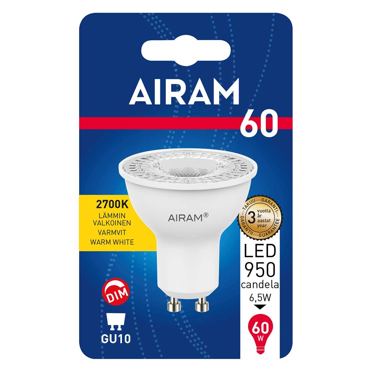 (x) Airam Led GU10  2700k 425 lm dim
