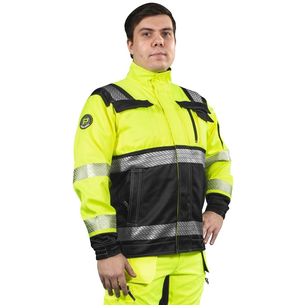 TAKKI GRANIITTI FL.KELT/MUSTA LK2 EN20471 - 80% polyesteri, 20% puuvilla, 290 g/m² - etuvetoketju tuulilistalla -