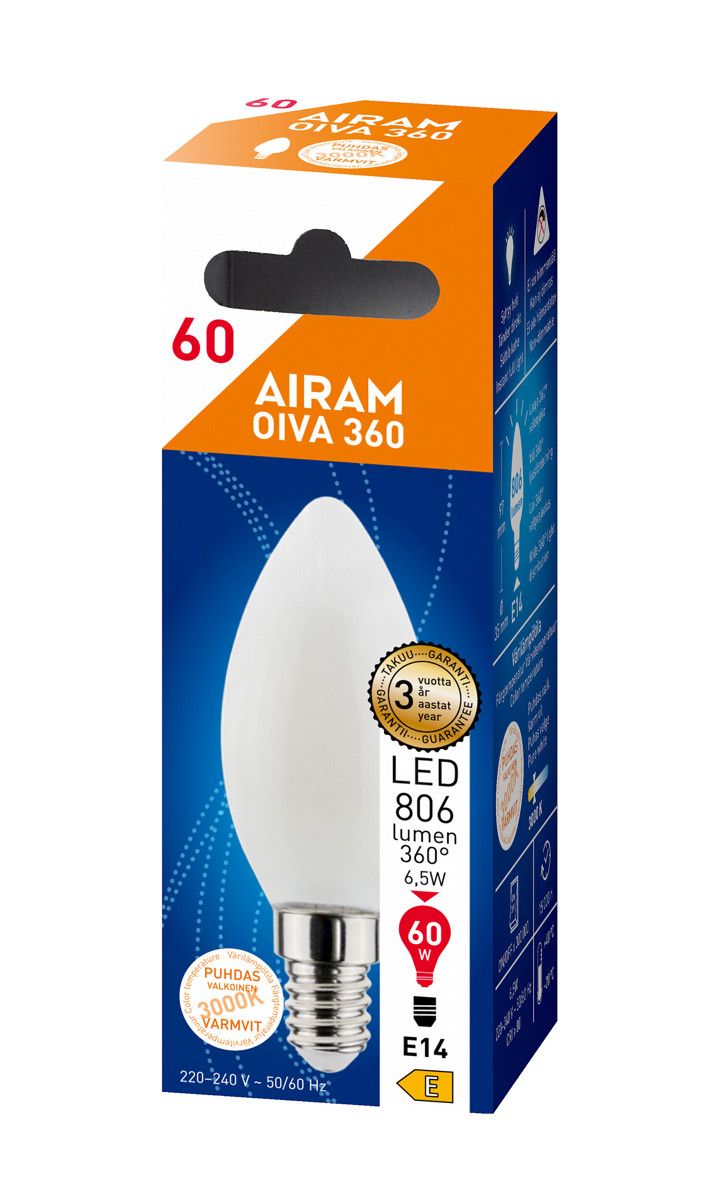 Airam Oiva Led E14  806 lm/3000k Opal Kynt.