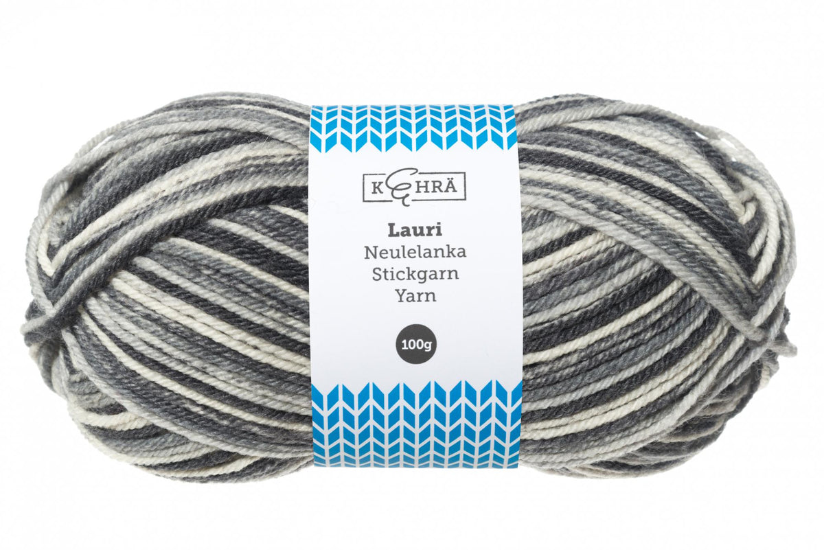 Kehra Lauri Neulelanka multicolor harmaa 100 g Kerassa 100g, n. 200 metria. Puikot 3.5-4mm, neuletiheys 10cm:lla 18s-19s ja