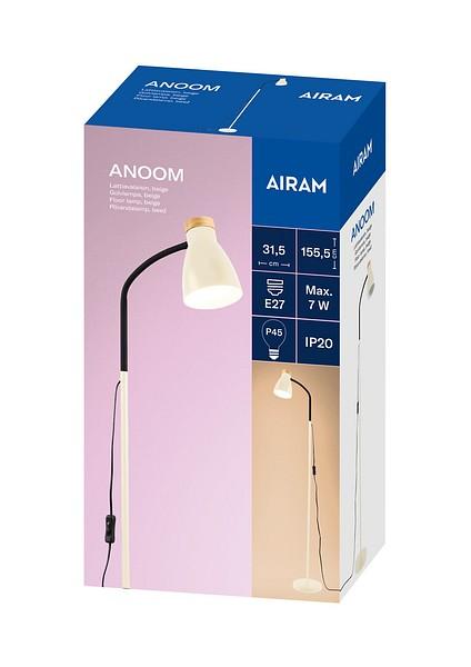 Airam Anoom Lattiaval.Beige/Puu Jalkavalaisin puisilla yksityiskohdilla. Kuvun halkaisija 12 cm, valaisimen korkeus 155 cm.