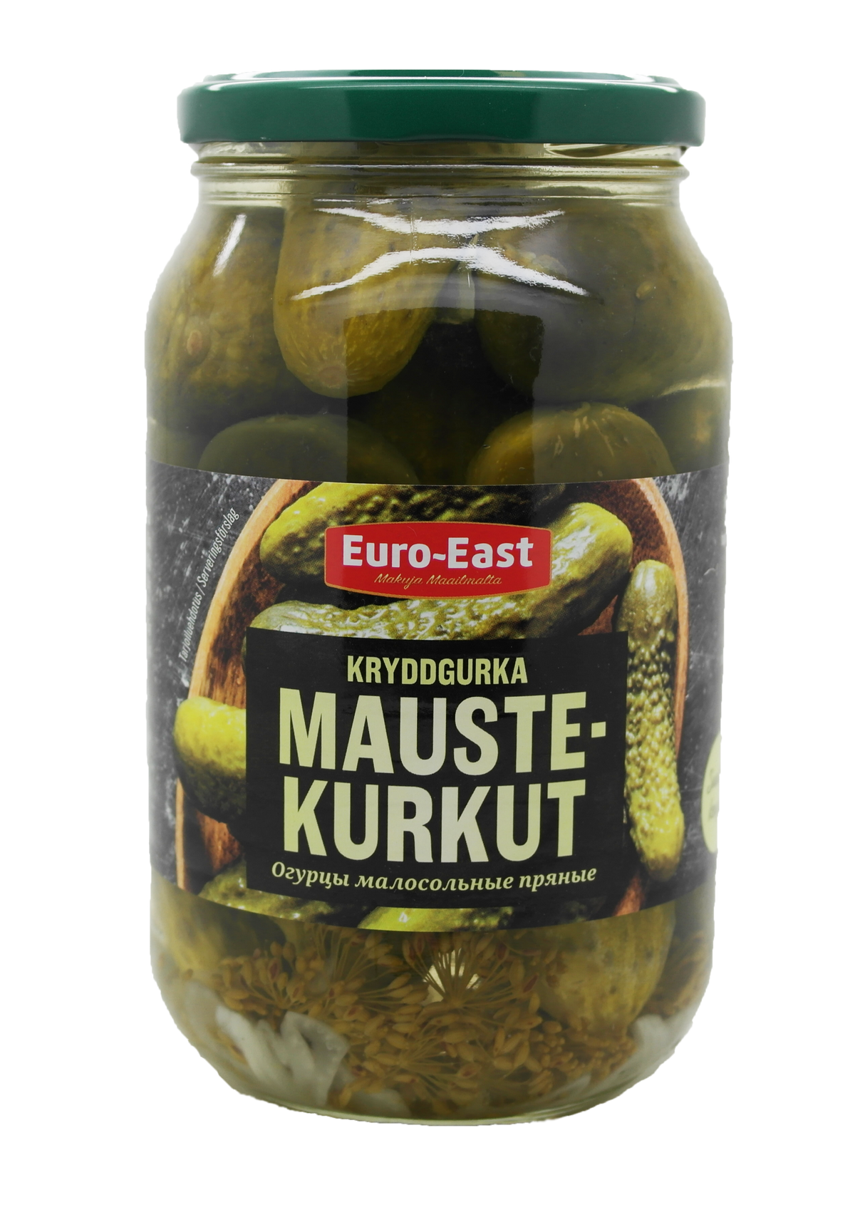 Euro-East maustekurkku 860g kevyesti suolattu Tillilla maustetut kurkut ovat kevyesti suolattuja ja sailotty kokonaisina.