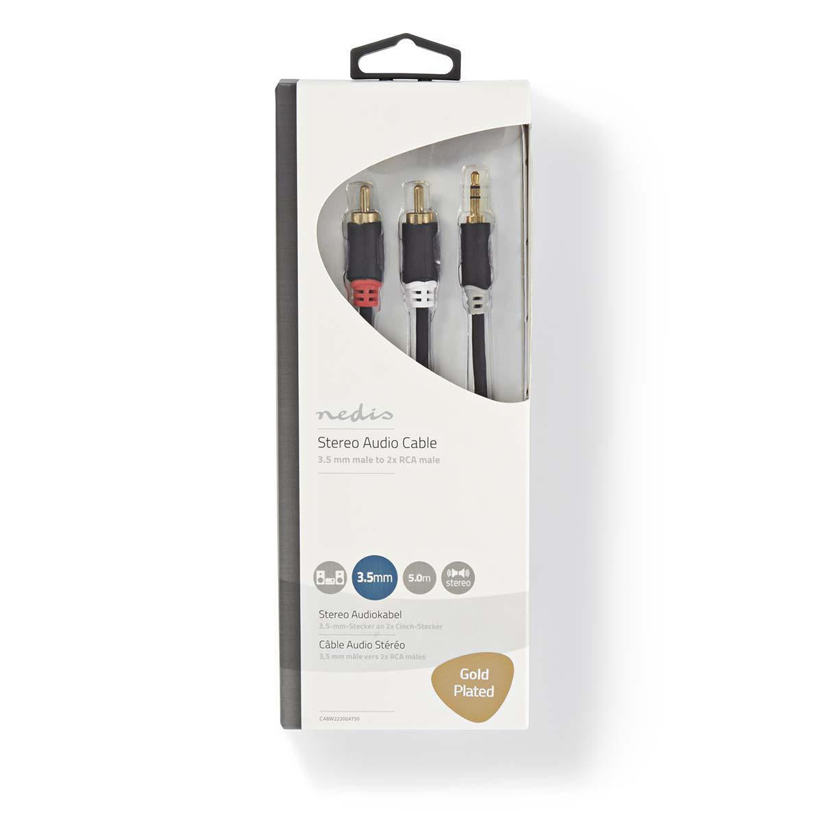 Nedis stereoaanikaapeli 3.5 mm Uros - 2x RCA Uros 5M Kaapeli, jolla voi liittaa alypuhelimen tai tablet-laitteen