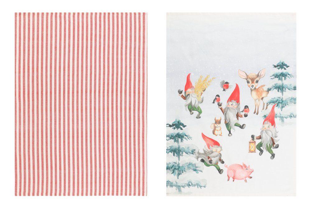 Keittiopyyhe Nisse 2 kpl 50x70 cm Toinen pyyhe painetulla tonttukuviolla, toinen raidallinen. Size 50 x 70 cm. Materiaali