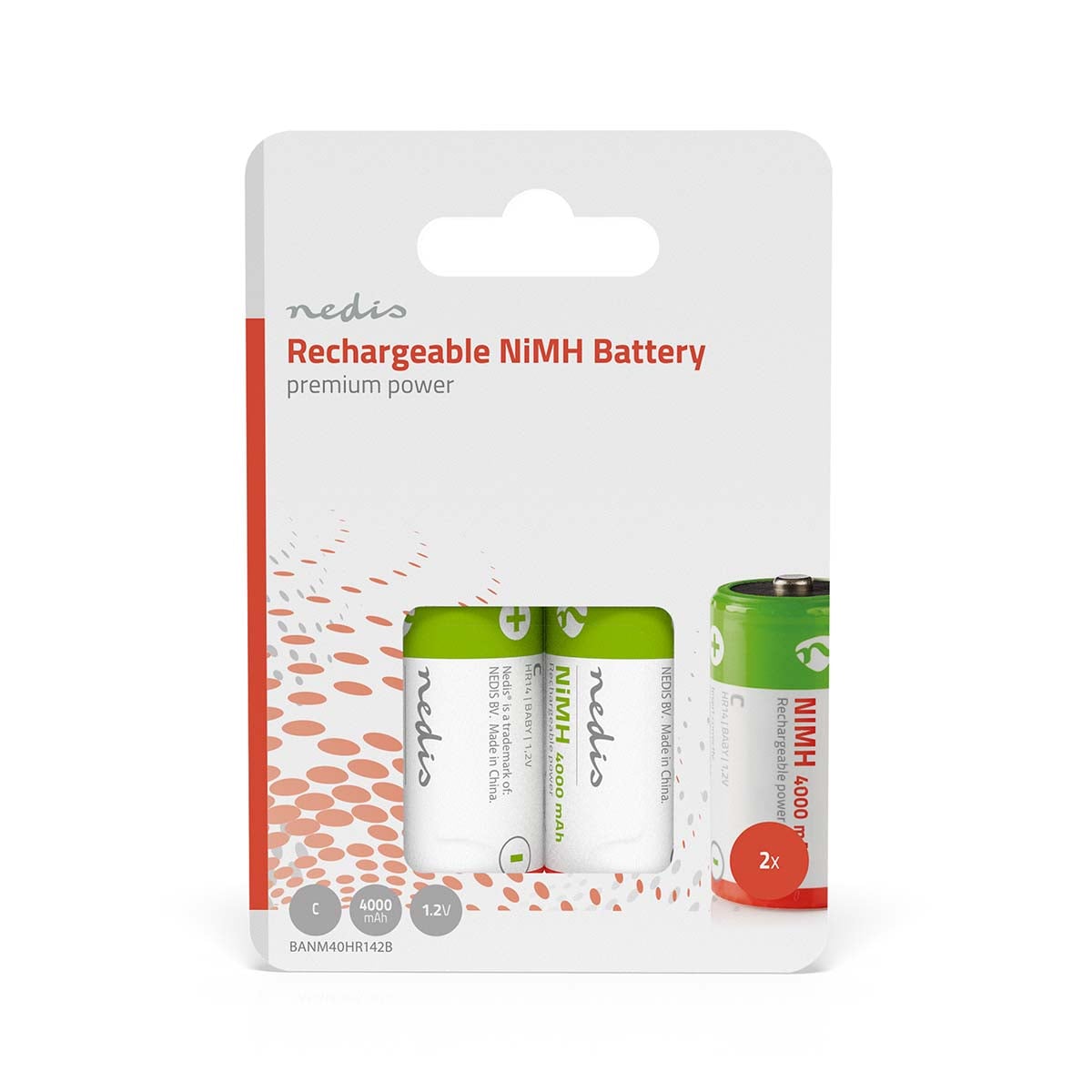 Nedis Ladattava Ni-MH-Akku c | 1.20 v | NiMH | c | Ladattava | 4000 mah | Esiladattu | Paristojen määrä: 2 kpl | Blister | HR14 | Punainen / Vihreä
