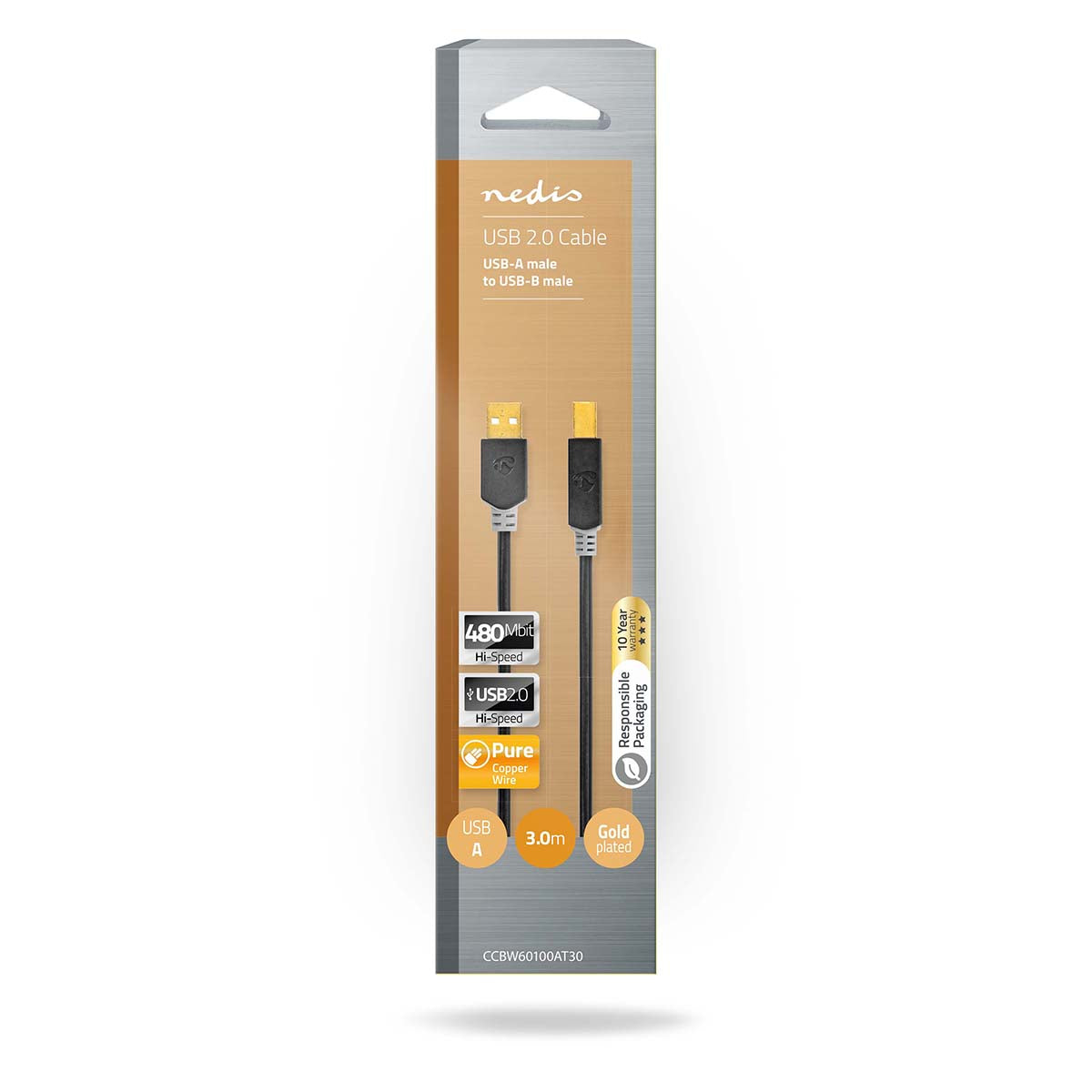 Nedis USB a Uros - USB-b Male kaapeli 3 m