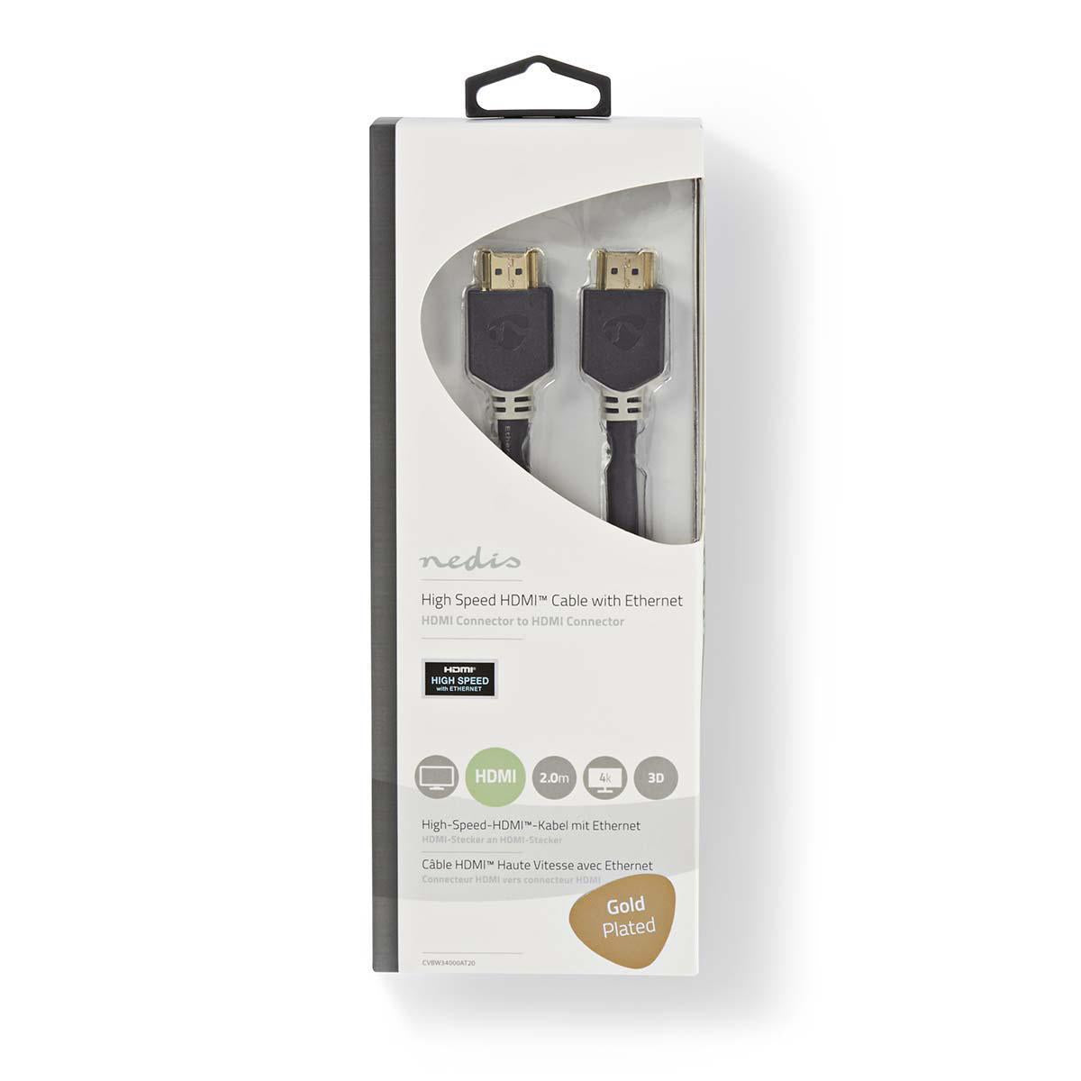 Nedis HDMI-kaapeli 2M Kaapeli, jolla voi liittaa Blu-ray-soittimen, mediasoittimen tai pelikonsolin HD-televisioon