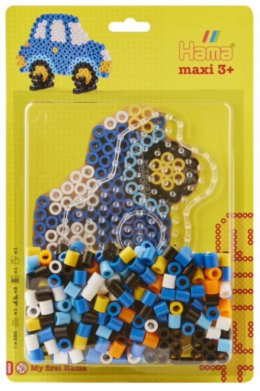 Hama Maxi blister Auto Pakkaus sisaltaa noin 250 helmea, kirkkaan autoalustan, 2 helmitukea, ohjeet ja silityspaperia.