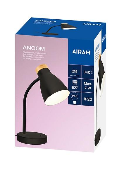 Airam Anoom Poytaval. Musta/Puu Sieva poytavalaisin, jossa puiset yksityiskohdat. Kuvun halkaisija 12 cm, valaisimen korkeus