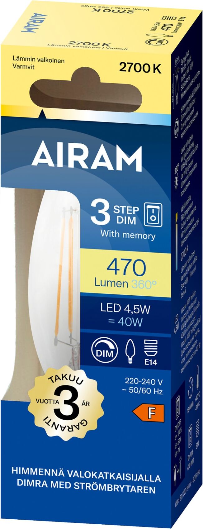 Airam Led E14 Kynttilä 3-Step Dim 470 lm