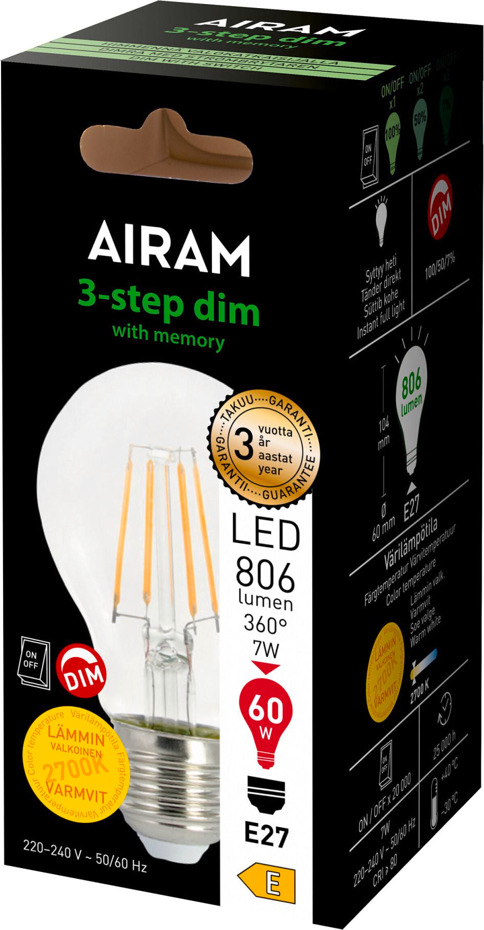 Airam Led E27 3-Step Dim 806 lm