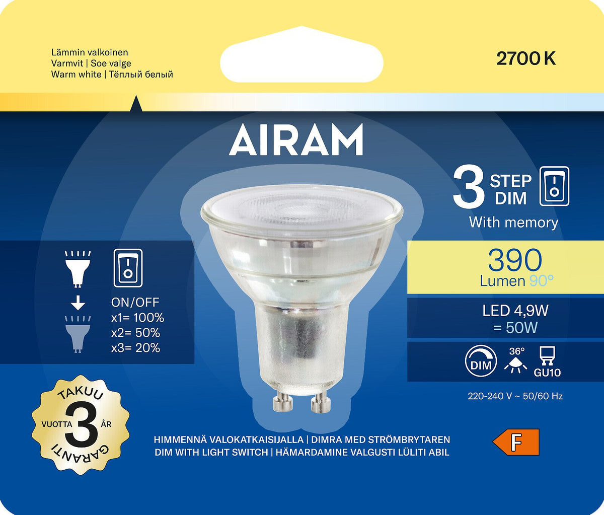 Airam Led GU10 390 lm/2700k 3-Step dim