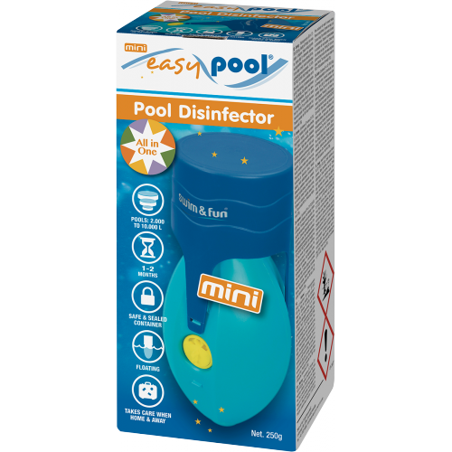 Easypool Mini Kelluva ja annostelusaatimella varustettu Easy Pool Mini. Yhdistelmapuhdistusta suodattimella varustetuille
