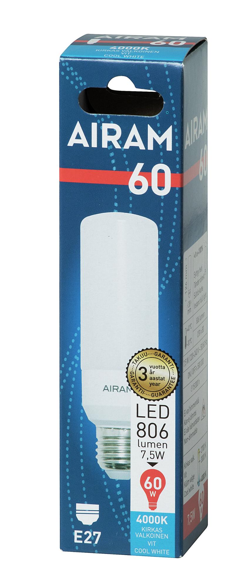 Airam LED-Tubular E27 4000K 806lm -Energialuokka: A+ -Varilampotila: 4000K -Kanta: E27 -Teho: 7,5W, 806LM -Takuu 36kk