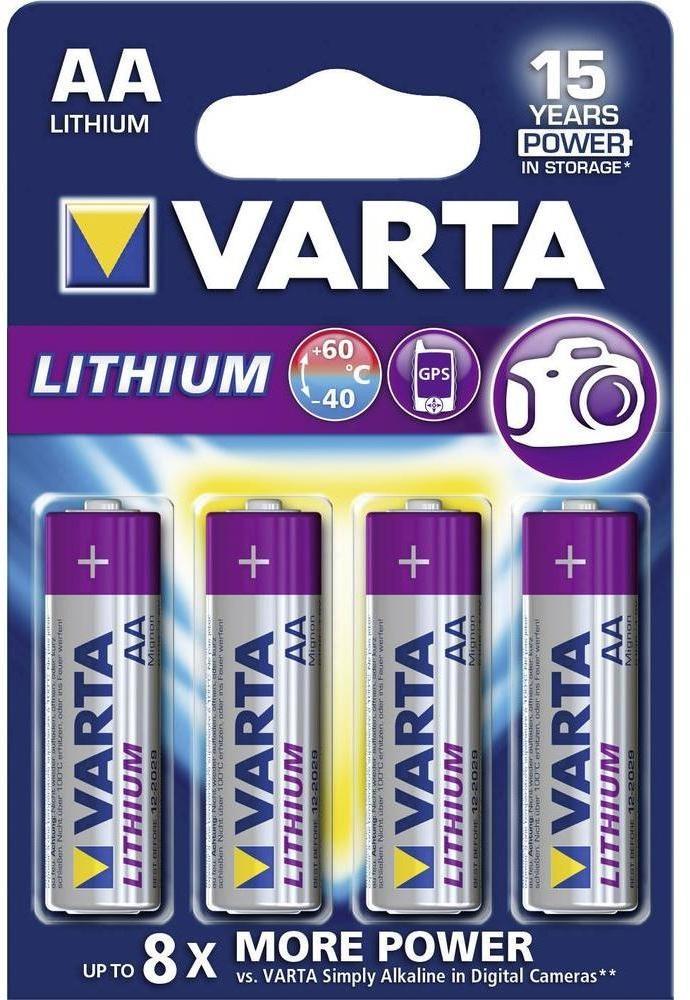 Varta Lithium AA paristo 4kpl Sisa- tai ulkokayttoon.