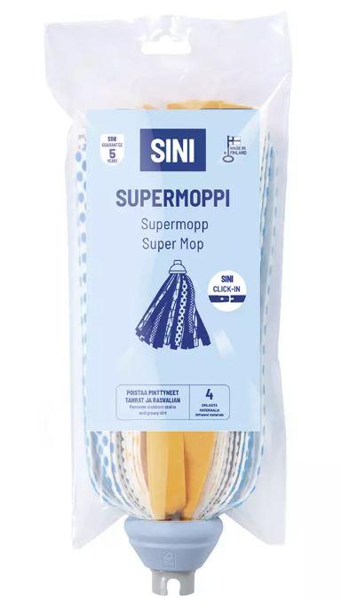 Sini Supermoppi supermopin liuskat sisaltavat neljaa erilaista materiaalia, jotka irrottavat erilaisen lian tehokkaasti.
