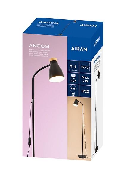 Airam Anoom Lattiaval. Musta/Puu Jalkavalaisin puisilla yksityiskohdilla. Kuvun halkaisija 12 cm, valaisimen korkeus 155 cm.