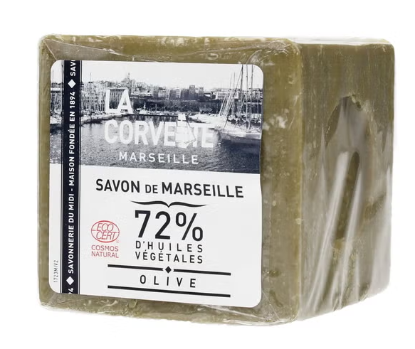 Marseille-palasaippua, olive 300 g, La Corvette Oliivi- ja kookosoljypohjainen Marseille-saippua, joka valmistetaan Ranskan