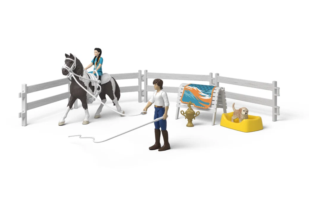 Schleich Kimin esteratsastussetti 42799 2 hahmoa, hevonen ja koira Aidat ja tarvikkeita.