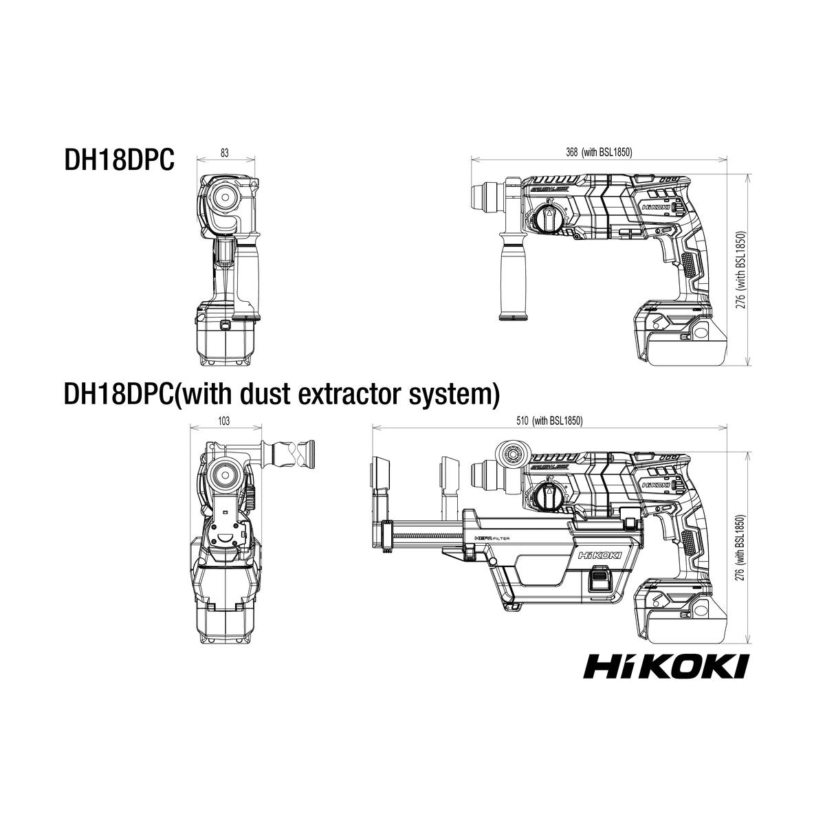 HiKOKI Kombivasara DH18DPC, runko, hiiliharjaton, hsc