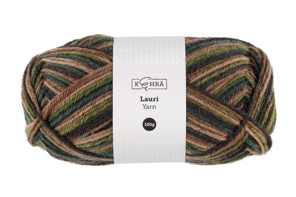 Kehra Lauri Neulelanka multicolor vihrea 100 g Kerassa 100g, n. 200 metria. Puikot 3.5-4mm, neuletiheys 10cm:lla 18s-19s ja