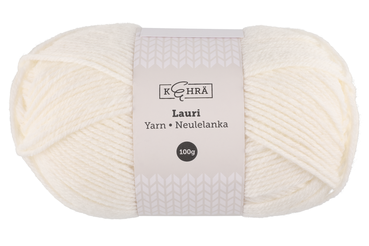 Kehra Lauri Neulelanka valkoinen 100 g Kerassa 100g, n. 200 metria. Puikot 3.5-4 mm, neuletiheys 10 cm:lla 18s-19s ja 26