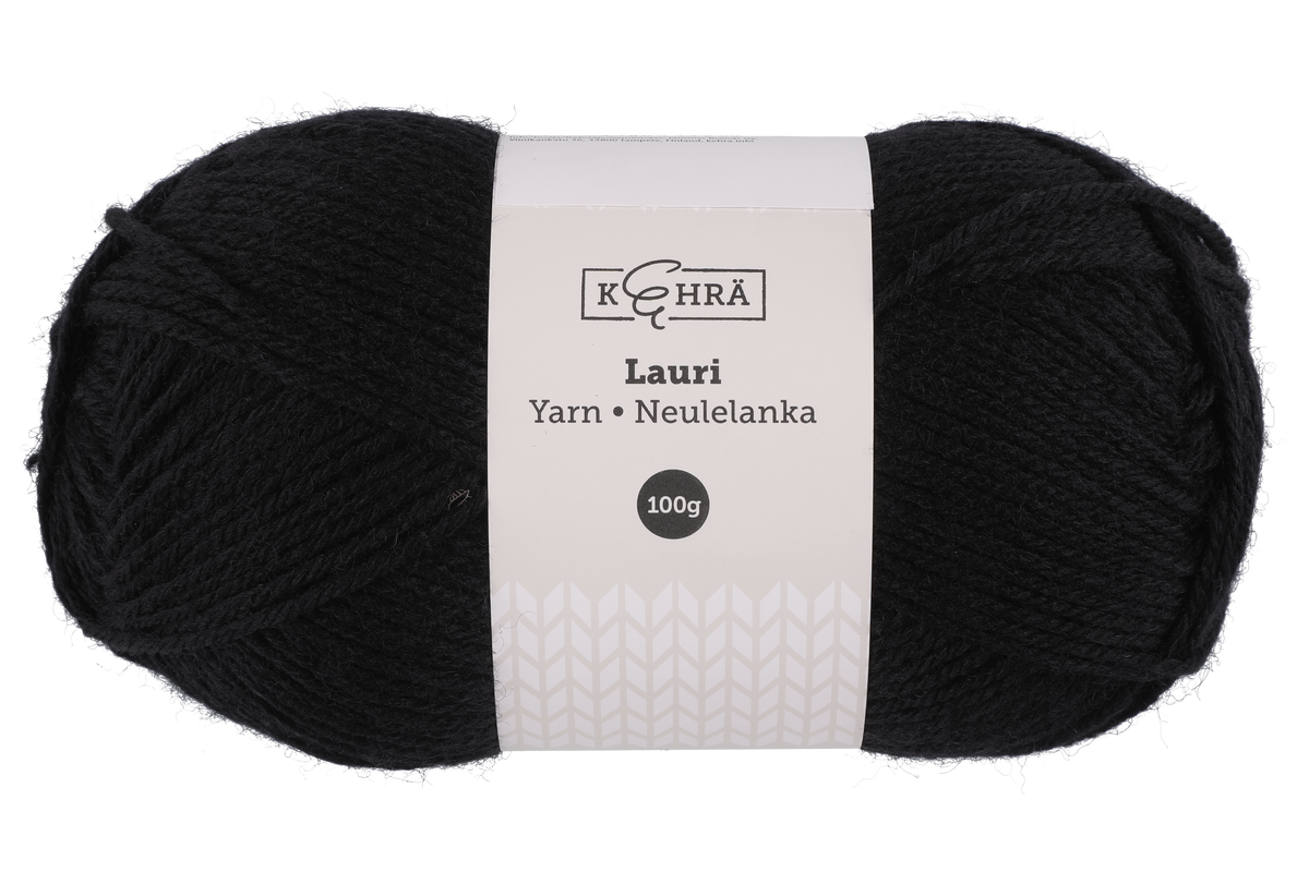 Kehra Lauri Neulelanka musta 100 g Kerassa 100g, n. 200 metria. Puikot 3.5-4mm, neuletiheys 10cm:lla 18s-19s ja 26 krs,